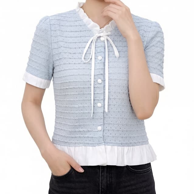 재고 있음 프랑스식 부드러운 작은 대중 화이트 패치워크 프릴 셔츠 여름 품격 Chic chic 셔츠 쇼트 스타일 맨위 상세 이미지 6