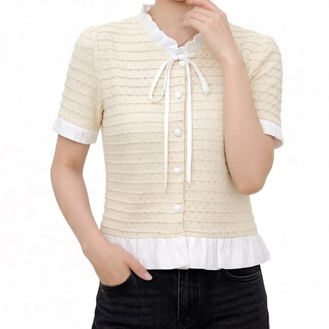 재고 있음 프랑스식 부드러운 작은 대중 화이트 패치워크 프릴 셔츠 여름 품격 Chic chic 셔츠 쇼트 스타일 맨위 상세 이미지 7