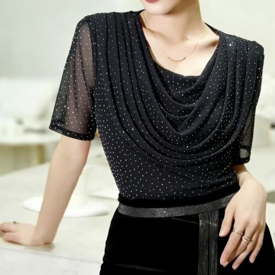 재고 있음 패션 라운드 넥 페이크 레이어드 망사 기본 셔츠 흔들다 칼라 반팔 몸매 가꾸기 외국 가스 전후 뜨거운 구슬 맨위 여름 이미지 5