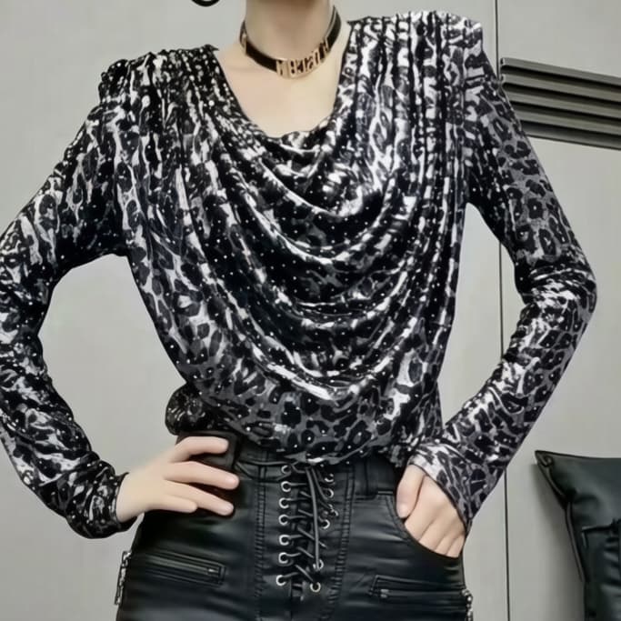 재고 있음 패션 고급 센스 다이아몬드 세팅 말뚝 더미 칼라 티셔츠 만나는 작은 셔츠 여성 다용도 프랑스식 외국 가스 검정색 V넥 맨위 상세 이미지 10