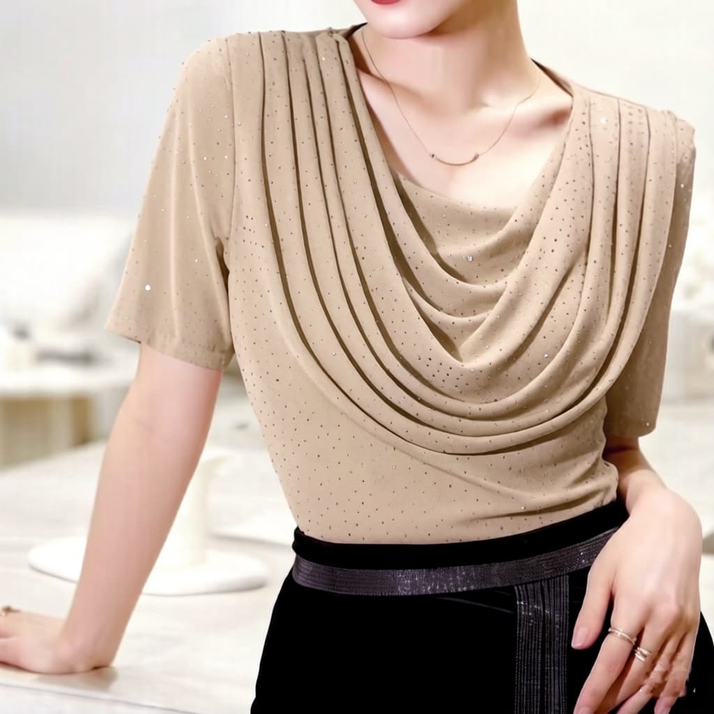 재고 있음 패션 라운드 넥 페이크 레이어드 망사 기본 셔츠 흔들다 칼라 반팔 몸매 가꾸기 외국 가스 전후 뜨거운 구슬 맨위 여름 상세 이미지 20