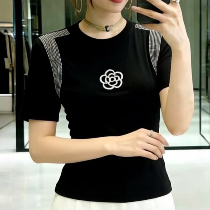 재고 있음 유럽 상품 검정색 핫픽스 순면 반팔 맨위 여성 봄 여름 새로운 캐주얼 바람 품격 티셔츠 외국 가스 슬림해 보이는 이미지 3