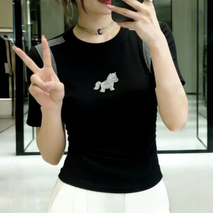 재고 있음 유럽 상품 검정색 핫픽스 순면 반팔 맨위 여성 봄 여름 새로운 캐주얼 바람 품격 티셔츠 외국 가스 슬림해 보이는 상세 이미지 3