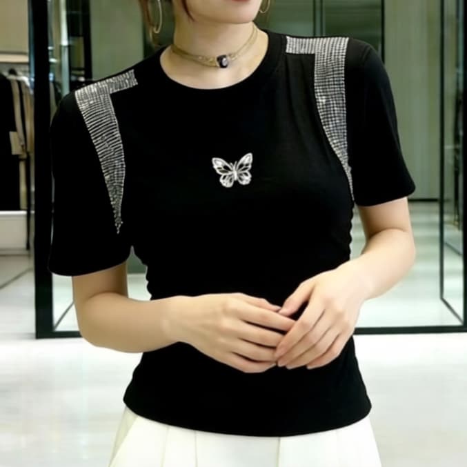 재고 있음 유럽 상품 검정색 핫픽스 순면 반팔 맨위 여성 봄 여름 새로운 캐주얼 바람 품격 티셔츠 외국 가스 슬림해 보이는 상세 이미지 5