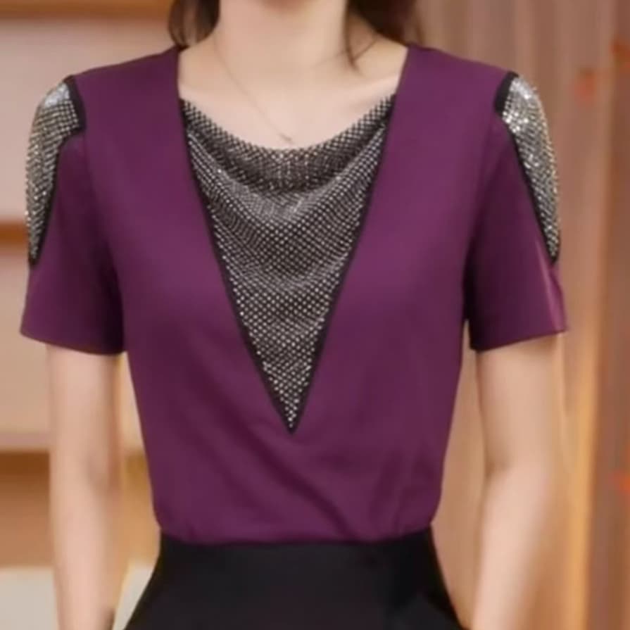 재고 있음 유럽 상품 패션 핫픽스 니트 패치워크 반팔 티셔츠 여름 드레스 새로운 고유 한 Chic 품격 몸매 가꾸기 맨위