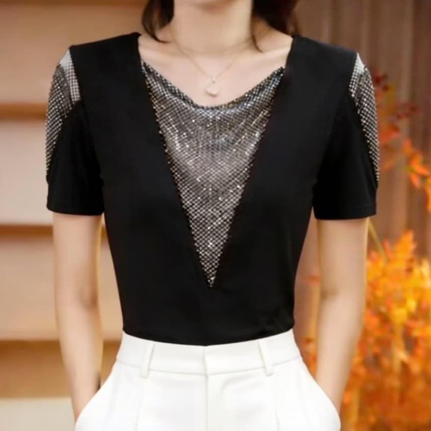 재고 있음 유럽 상품 패션 핫픽스 니트 패치워크 반팔 티셔츠 여름 드레스 새로운 고유 한 Chic 품격 몸매 가꾸기 맨위 상세 이미지 3