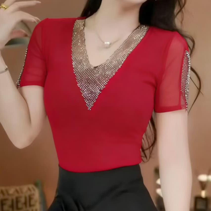 재고 있음 무거운 작업 다이아몬드 세팅 V넥 핫픽스 패치워크 기본 셔츠 맨위 고급 반팔 동정 여름 새로운 유럽 상품 작은 셔츠 이미지 5