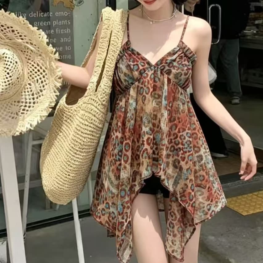 재고 있음 심장 기계 핫걸 깊은 V 넥 프린트 캐미솔 고급 Chic 몸매 가꾸기 슬림해 보이는 레오파드 무늬 불규칙 맨위 이미지 2