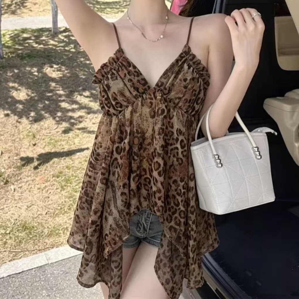 재고 있음 심장 기계 핫걸 깊은 V 넥 프린트 캐미솔 고급 Chic 몸매 가꾸기 슬림해 보이는 레오파드 무늬 불규칙 맨위 이미지 4