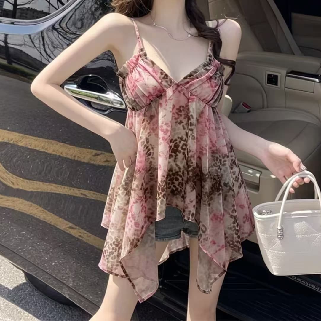 재고 있음 심장 기계 핫걸 깊은 V 넥 프린트 캐미솔 고급 Chic 몸매 가꾸기 슬림해 보이는 레오파드 무늬 불규칙 맨위