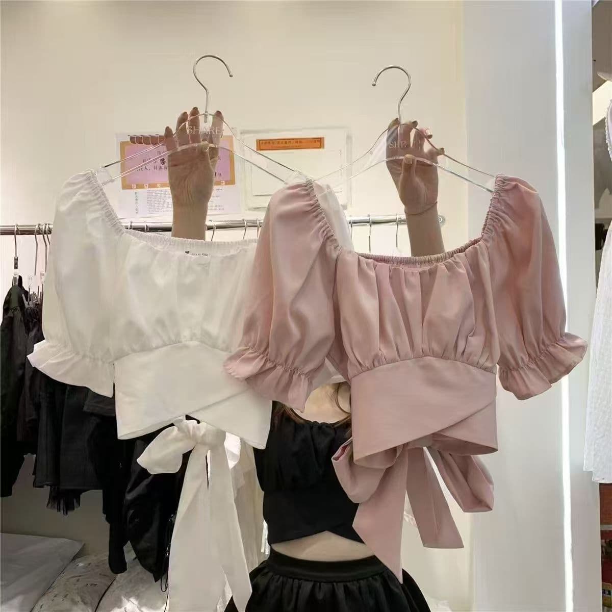 재고 있음 여름 순수한 욕망 광장 칼라 뒤로 레이스업 나비 매듭 반팔 셔츠 핫걸 디자인 센스 쇼트 스타일 티셔츠 맨위 상세 이미지 1