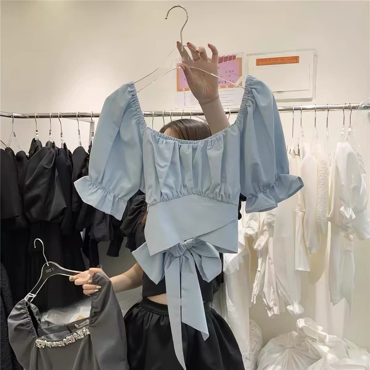 재고 있음 여름 순수한 욕망 광장 칼라 뒤로 레이스업 나비 매듭 반팔 셔츠 핫걸 디자인 센스 쇼트 스타일 티셔츠 맨위 상세 이미지 4
