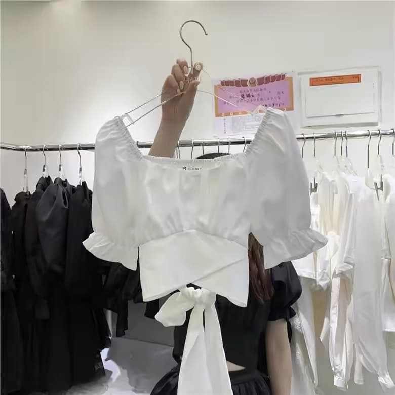재고 있음 여름 순수한 욕망 광장 칼라 뒤로 레이스업 나비 매듭 반팔 셔츠 핫걸 디자인 센스 쇼트 스타일 티셔츠 맨위 상세 이미지 6
