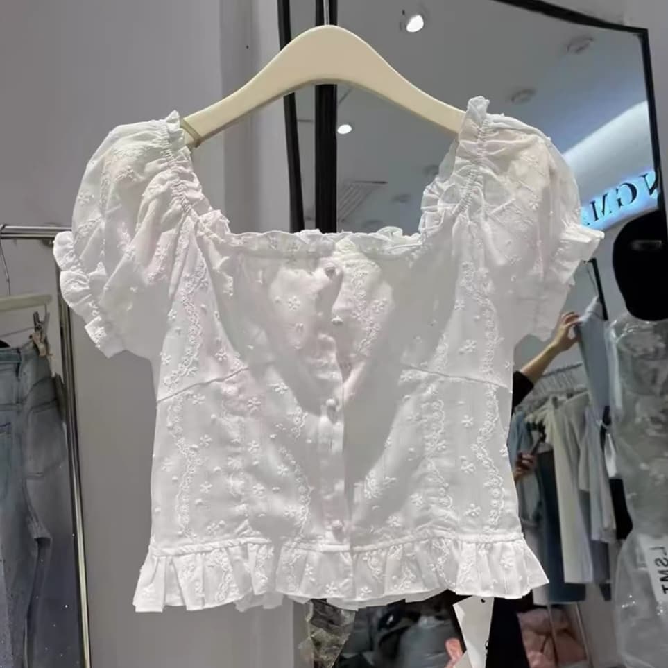 재고 있음 화이트 레이스 레이스 오프숄더 거품 소매 여성 셔츠 여름 새로운 반팔 한 부서 슬림해 보이는 맨위 쇼트 스타일 상세 이미지 1