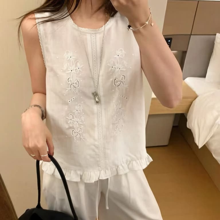 재고 있음 한 부서 작은 셔츠 민소매 맨위 여성 여름 새로운 달콤한 스타일 자수 레이스 칼라 조끼