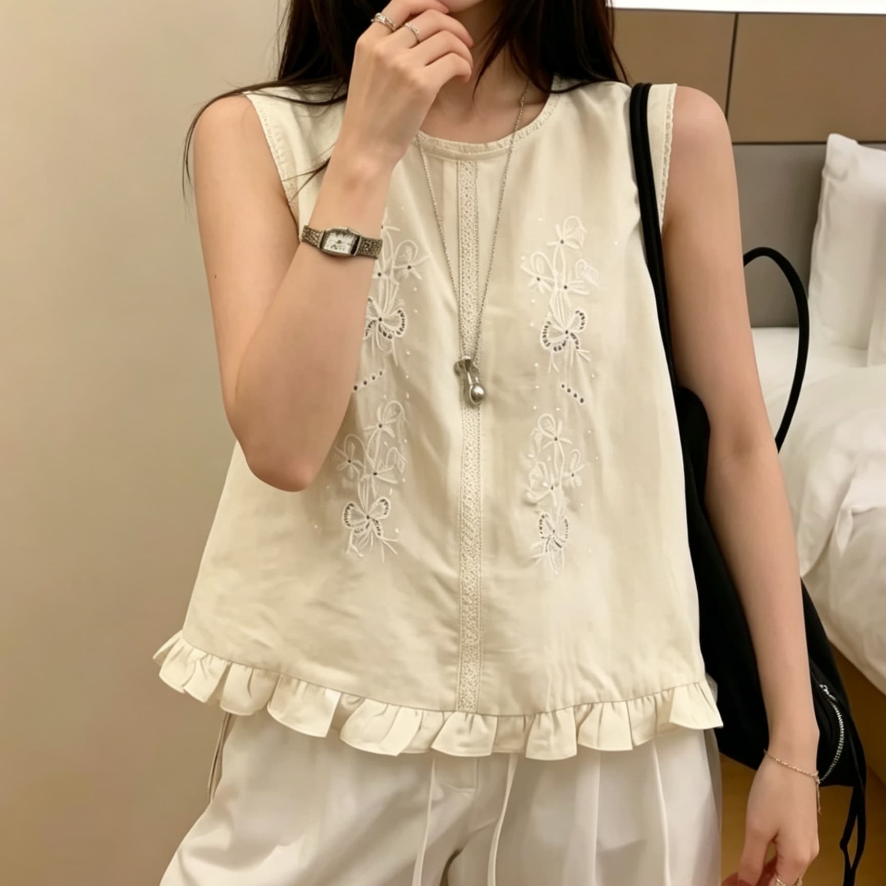 재고 있음 한 부서 작은 셔츠 민소매 맨위 여성 여름 새로운 달콤한 스타일 자수 레이스 칼라 조끼 상세 이미지 2