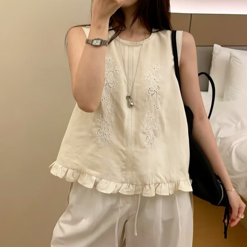 재고 있음 한 부서 작은 셔츠 민소매 맨위 여성 여름 새로운 달콤한 스타일 자수 레이스 칼라 조끼 상세 이미지 3