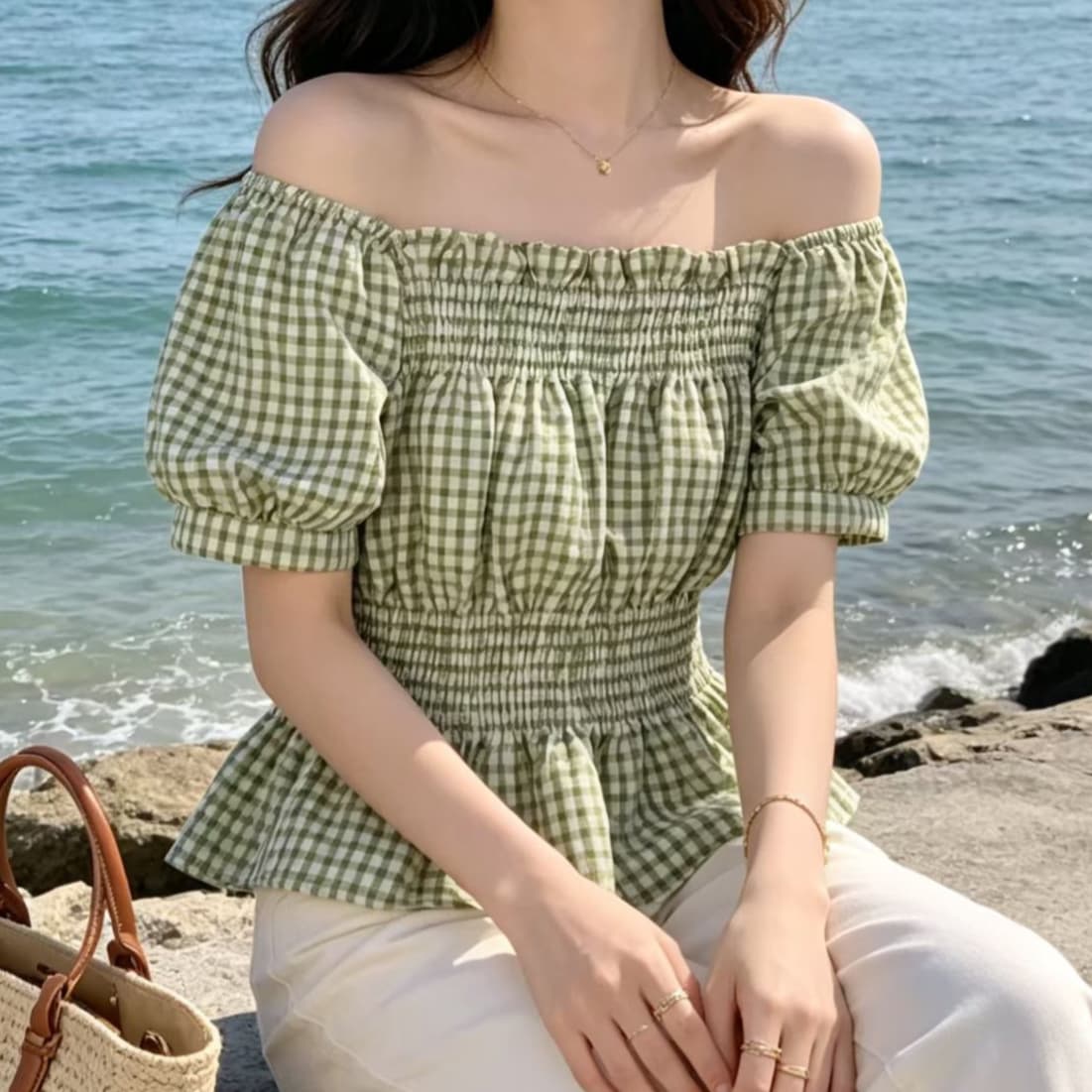재고 있음 한국 여름 새로운 주름 디자인 프릴 광장 칼라 거품 소매 셔츠 수 있습니다. 오프숄더 체크무늬 맨위 상세 이미지 5
