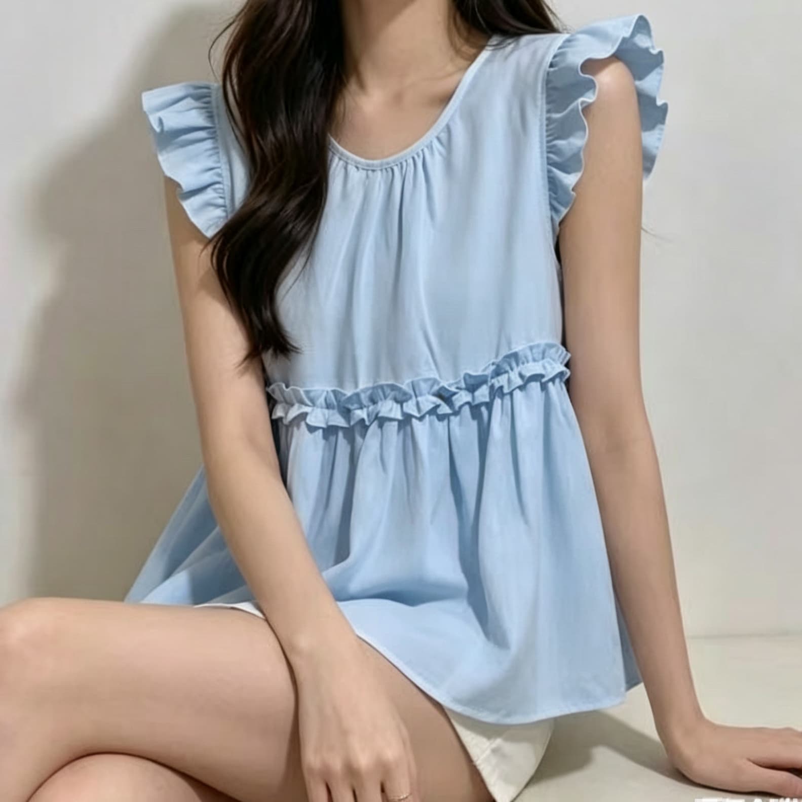 재고 있음 여름 새로운 귀여운 다용도 라운드 넥 작은 날다 소매 셔츠 한국 스타일 루즈핏 프릴 패치워크 풀오버 셔츠 이미지 3