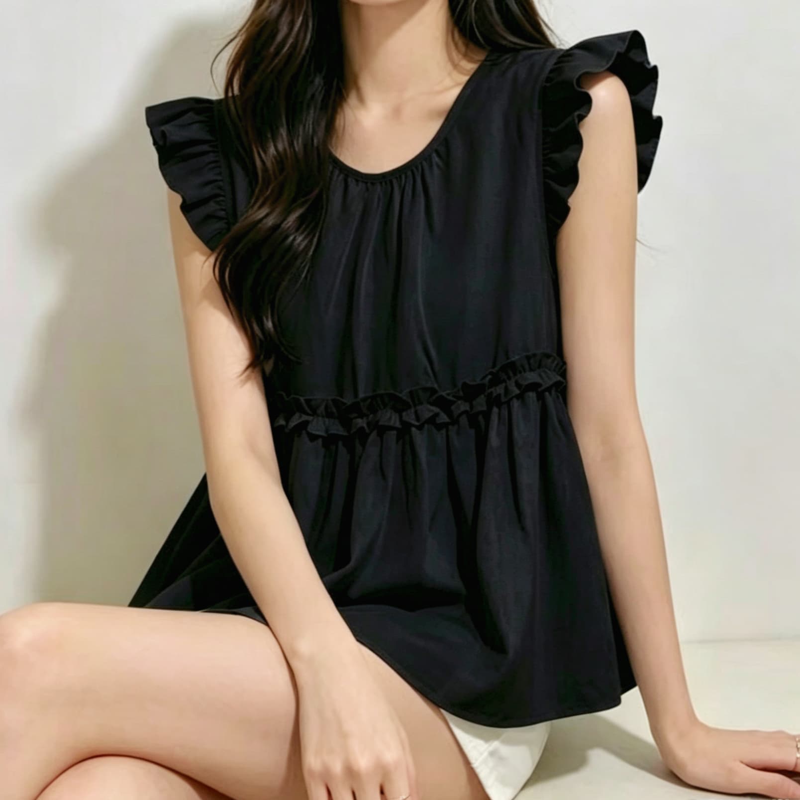 재고 있음 여름 새로운 귀여운 다용도 라운드 넥 작은 날다 소매 셔츠 한국 스타일 루즈핏 프릴 패치워크 풀오버 셔츠 이미지 4