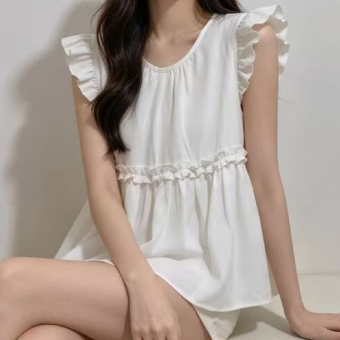 재고 있음 여름 새로운 귀여운 다용도 라운드 넥 작은 날다 소매 셔츠 한국 스타일 루즈핏 프릴 패치워크 풀오버 셔츠