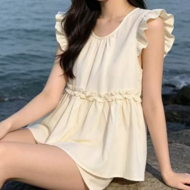 재고 있음 여름 새로운 귀여운 다용도 라운드 넥 작은 날다 소매 셔츠 한국 스타일 루즈핏 프릴 패치워크 풀오버 셔츠 상세 이미지 4