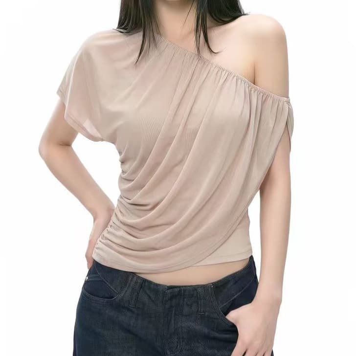 재고 있음 페이크 레이어드 비스듬한 어깨 펌프 Pleat 반팔 티셔츠 여성 여름 디자인 센스 몸매 가꾸기 품격 오프숄더 맨위 상세 이미지 4