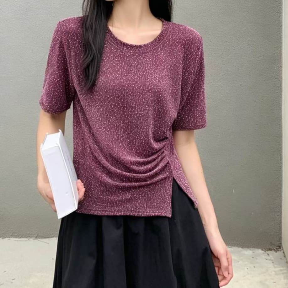 재고 있음 여름 새로운 패션 라운드 넥 스팽글 반팔 티셔츠 비스듬한 밑단 작은 셔츠 외국 가스 엄마 슬림해 보이는 연령 감소 맨위 상세 이미지 7