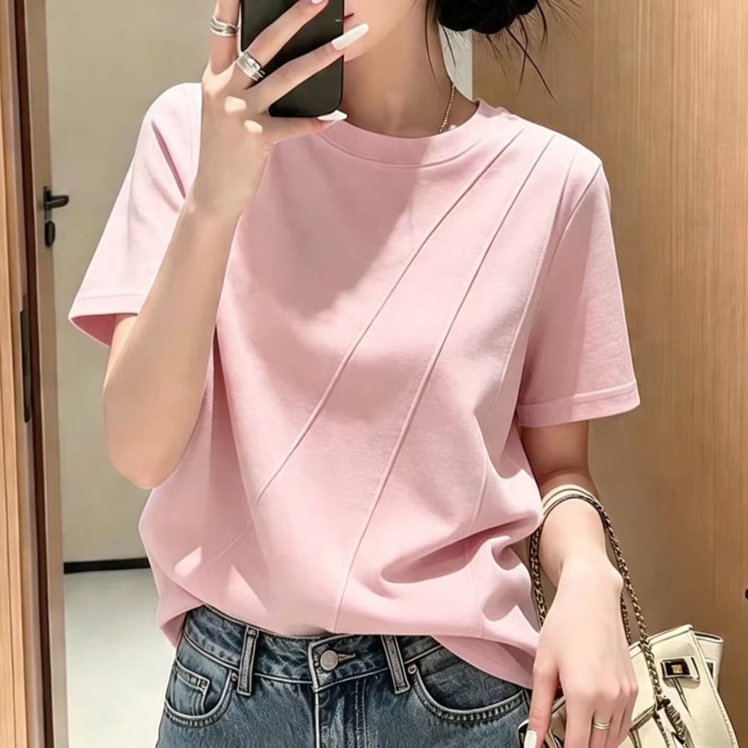 재고 있음 작은 청신 생선뼈 반팔 티셔츠 긍정적 인 어깨 의류 여름 새로운 작은 대중 디자인 센스 라운드 넥 루즈핏 반소매 셔츠