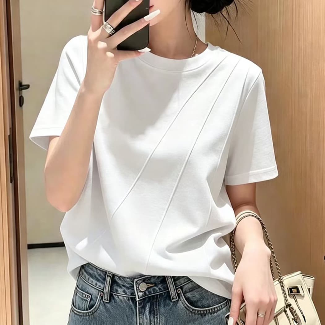 재고 있음 작은 청신 생선뼈 반팔 티셔츠 긍정적 인 어깨 의류 여름 새로운 작은 대중 디자인 센스 라운드 넥 루즈핏 반소매 셔츠 상세 이미지 1