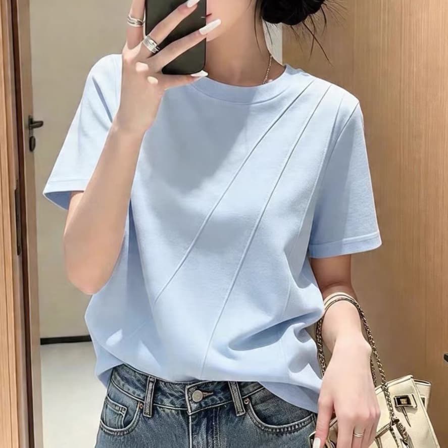 재고 있음 작은 청신 생선뼈 반팔 티셔츠 긍정적 인 어깨 의류 여름 새로운 작은 대중 디자인 센스 라운드 넥 루즈핏 반소매 셔츠 상세 이미지 2