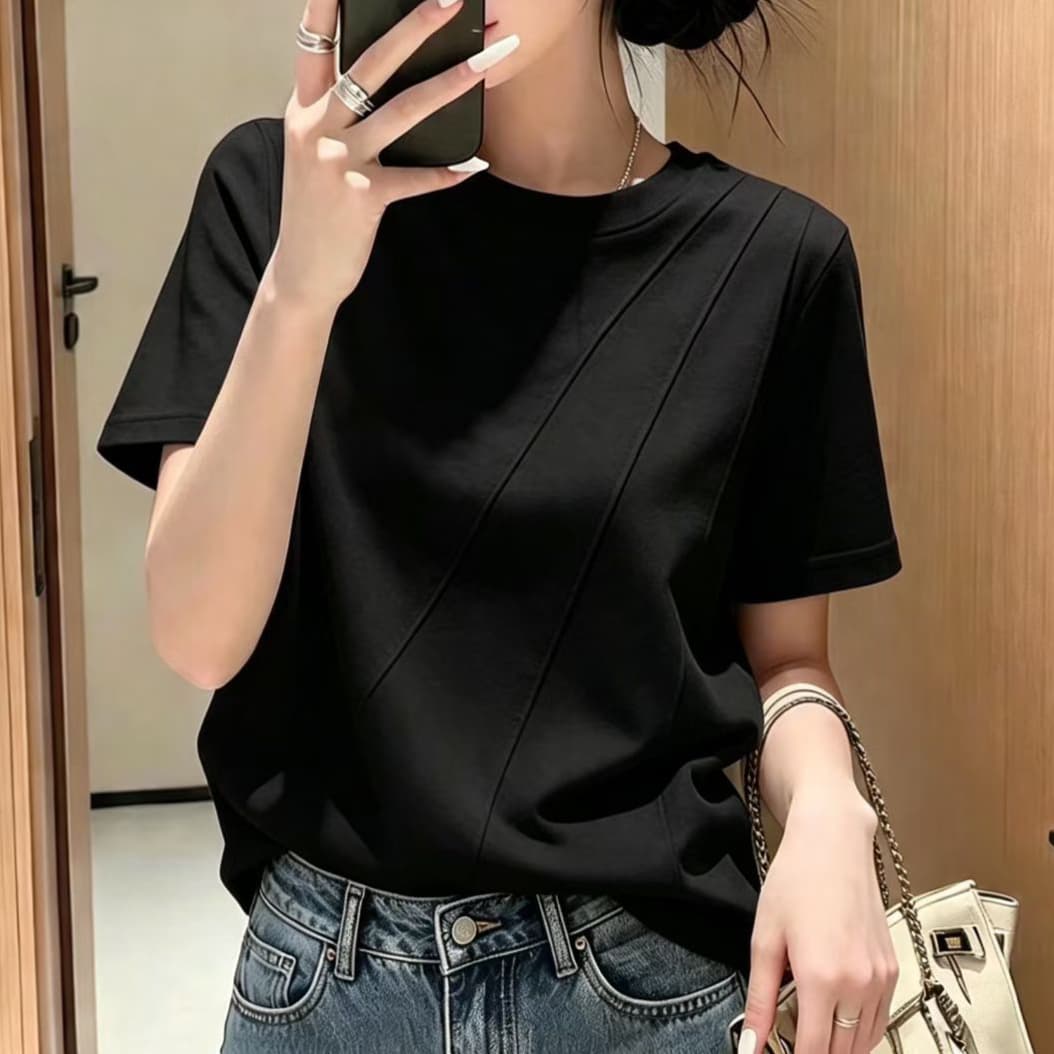 재고 있음 작은 청신 생선뼈 반팔 티셔츠 긍정적 인 어깨 의류 여름 새로운 작은 대중 디자인 센스 라운드 넥 루즈핏 반소매 셔츠 상세 이미지 4