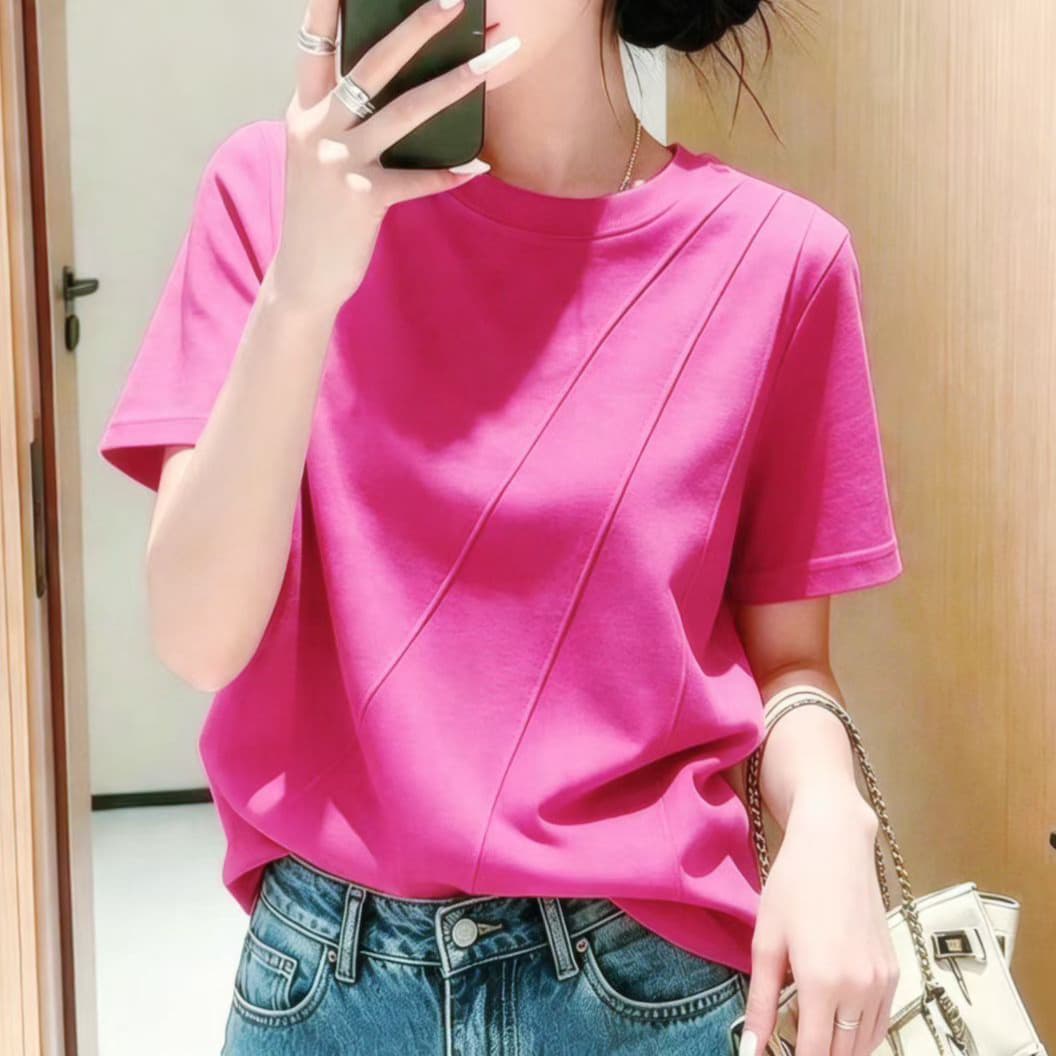 재고 있음 작은 청신 생선뼈 반팔 티셔츠 긍정적 인 어깨 의류 여름 새로운 작은 대중 디자인 센스 라운드 넥 루즈핏 반소매 셔츠 상세 이미지 5