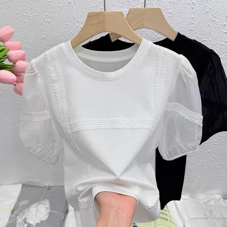 재고 있음 프랑스식 패치워크 레이스 레이스 버블 반팔 여성 셔츠 여름 새로운 슬림해 보이는 티셔츠 기본 셔츠 맨위 상세 이미지 4