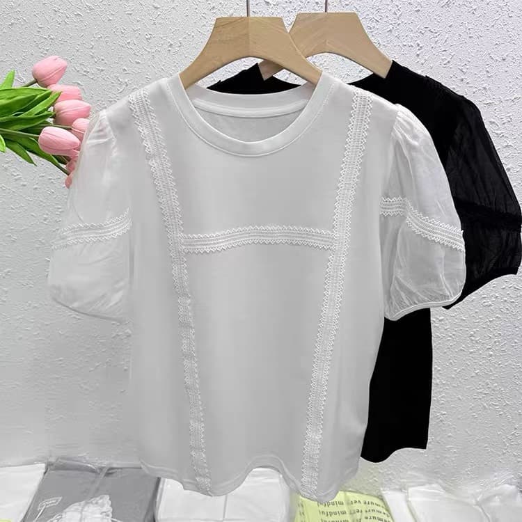 재고 있음 프랑스식 패치워크 레이스 레이스 버블 반팔 여성 셔츠 여름 새로운 슬림해 보이는 티셔츠 기본 셔츠 맨위 상세 이미지 8