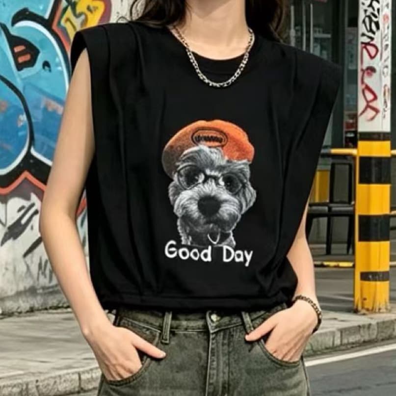 재고 있음 여름 새로운 한국 스타일 패션 다용도 뒤로 펌프 로프 만화 프린트 반팔 티셔츠 사전 어깨 유럽 상품 맨위 이미지 3