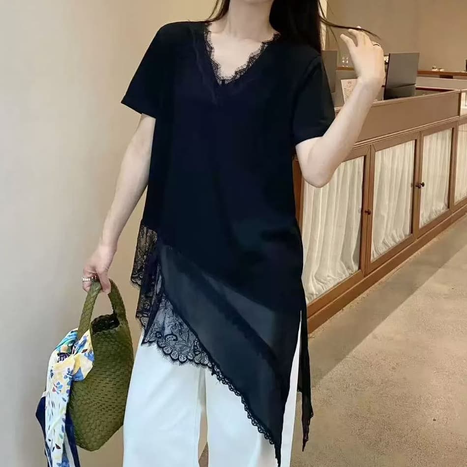 재고 있음 V넥 반팔 티셔츠 여성 봄 여름 새로운 한 부서 패션 불규칙 레이스 조각 외국 가스 다용도 맨위 이미지 4