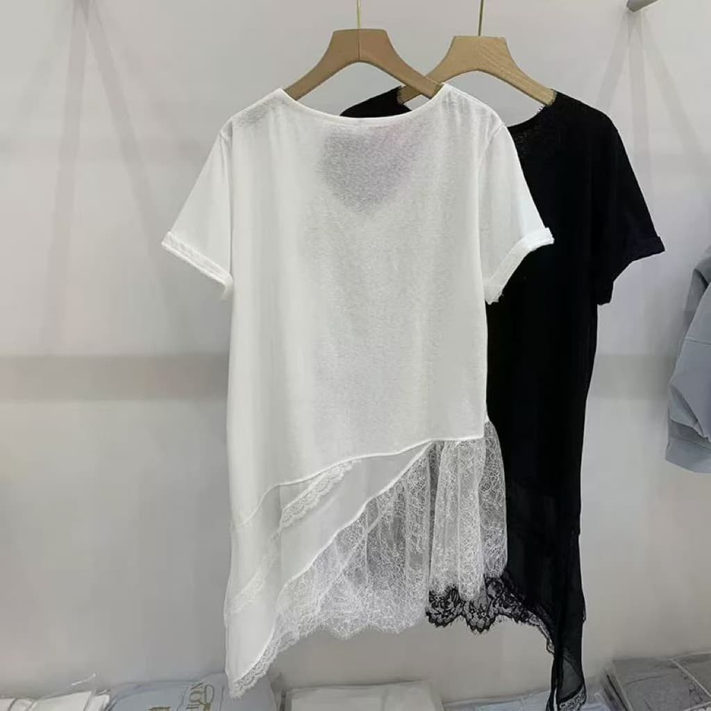 재고 있음 V넥 반팔 티셔츠 여성 봄 여름 새로운 한 부서 패션 불규칙 레이스 조각 외국 가스 다용도 맨위 상세 이미지 3