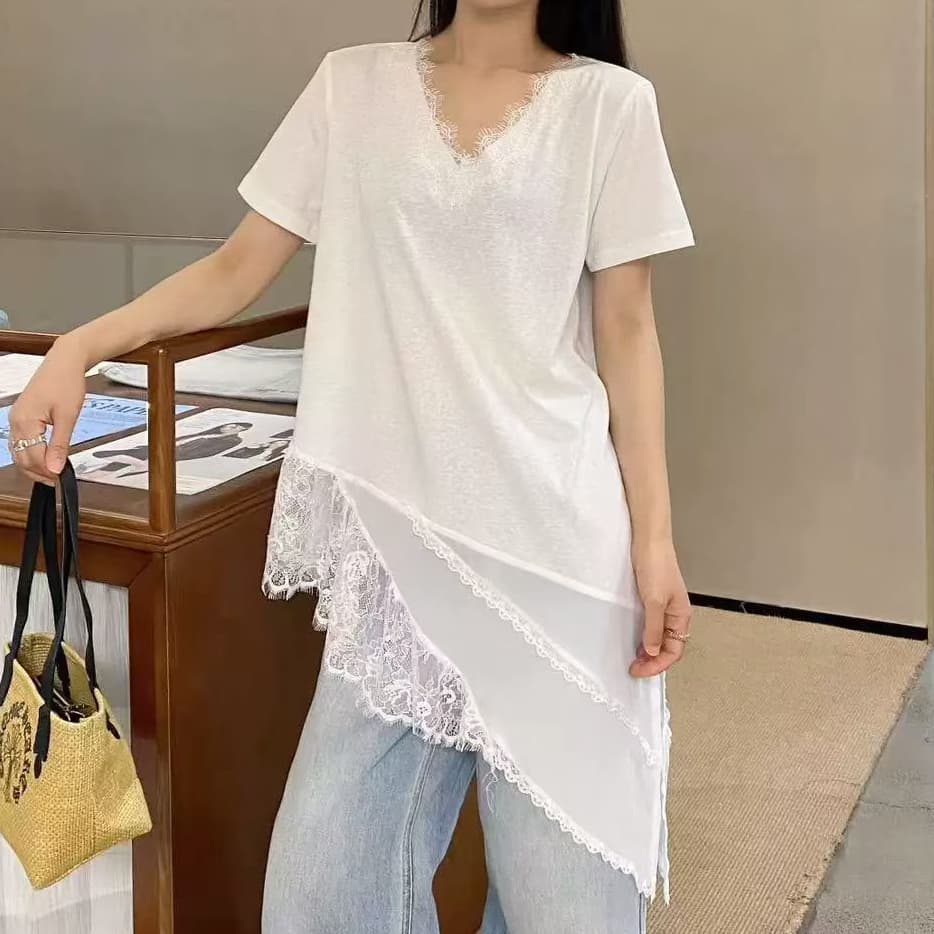 재고 있음 V넥 반팔 티셔츠 여성 봄 여름 새로운 한 부서 패션 불규칙 레이스 조각 외국 가스 다용도 맨위 상세 이미지 4