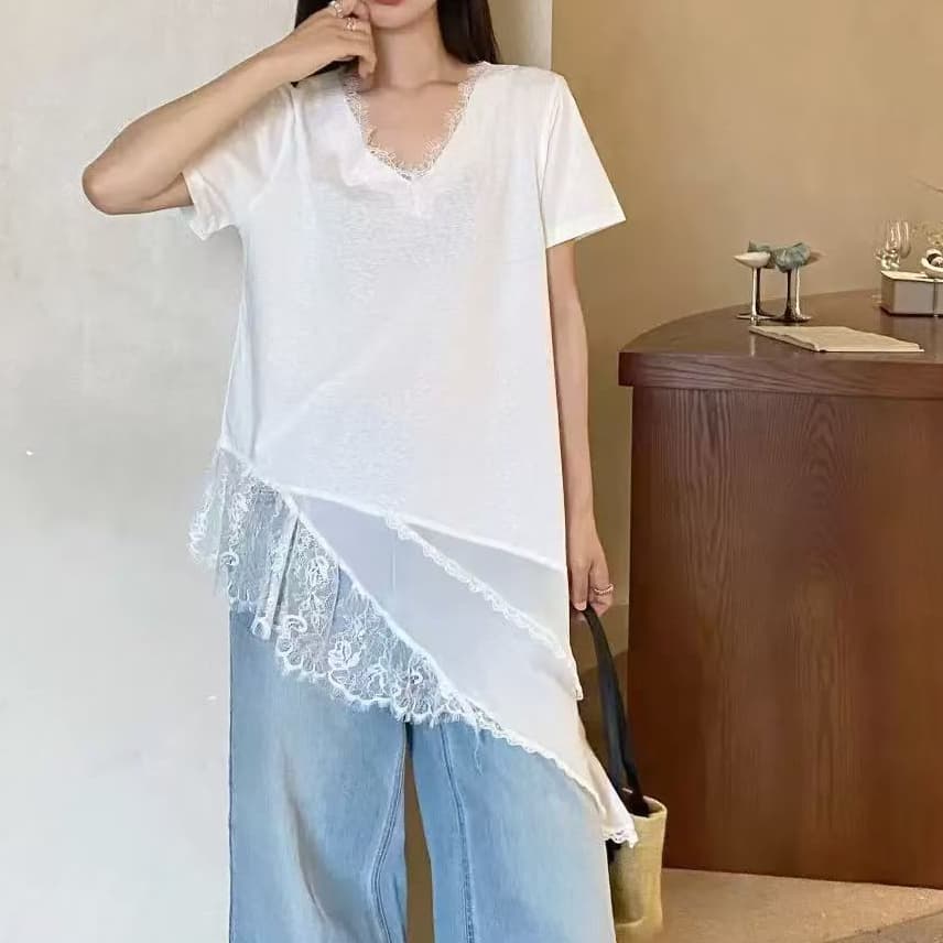 재고 있음 V넥 반팔 티셔츠 여성 봄 여름 새로운 한 부서 패션 불규칙 레이스 조각 외국 가스 다용도 맨위 상세 이미지 5