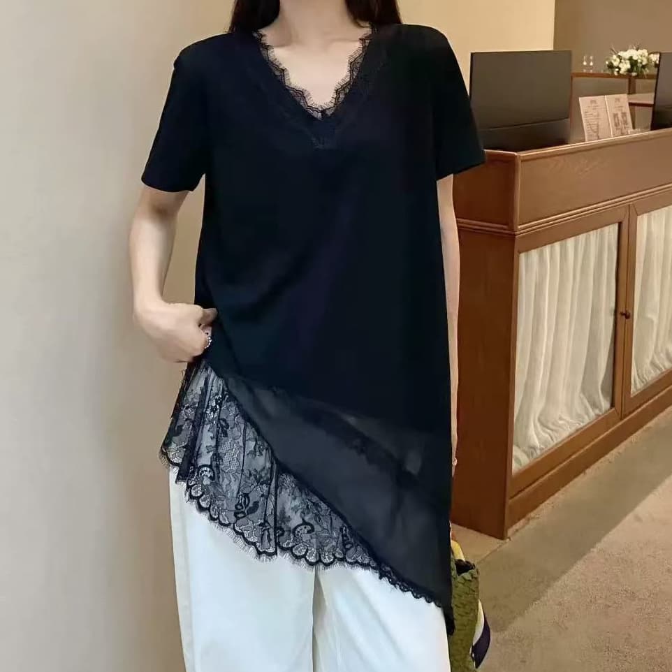 재고 있음 V넥 반팔 티셔츠 여성 봄 여름 새로운 한 부서 패션 불규칙 레이스 조각 외국 가스 다용도 맨위 상세 이미지 6