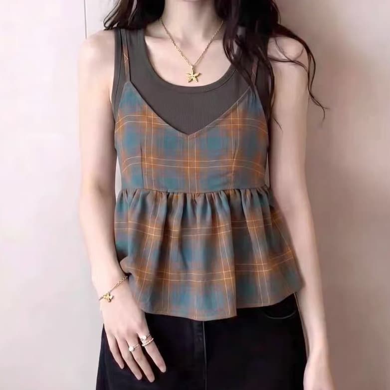 재고 있음 레트로 체크무늬 페이크 레이어드 캐미솔 여름 프릴 스택 착용 디자인 센스 다용도 학원 스타일 세트 상세 이미지 5