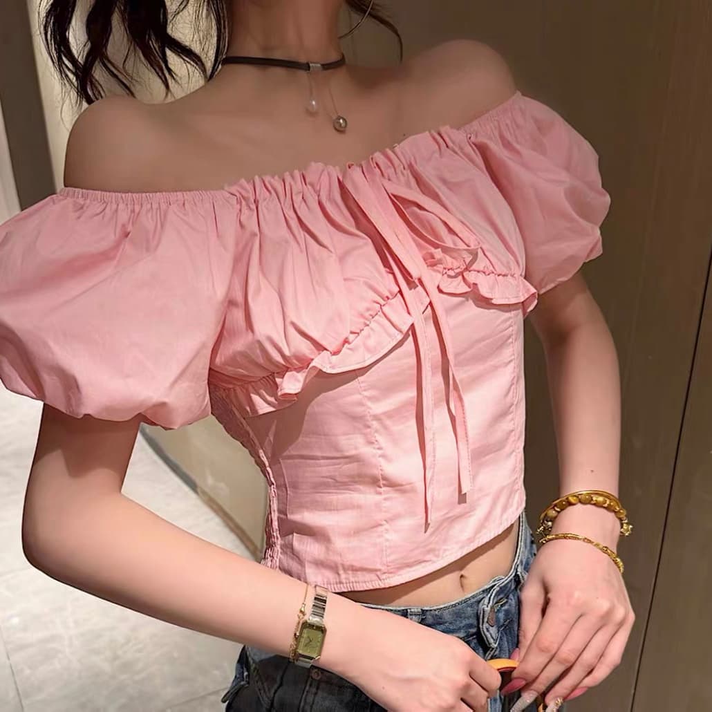 재고 있음 프랑스식 달콤함 프릴 오프숄더 거품 소매 여성 셔츠 여름 새로운 몸매 가꾸기 슬림해 보이는 쇼트 스타일 맨위 이미지 2