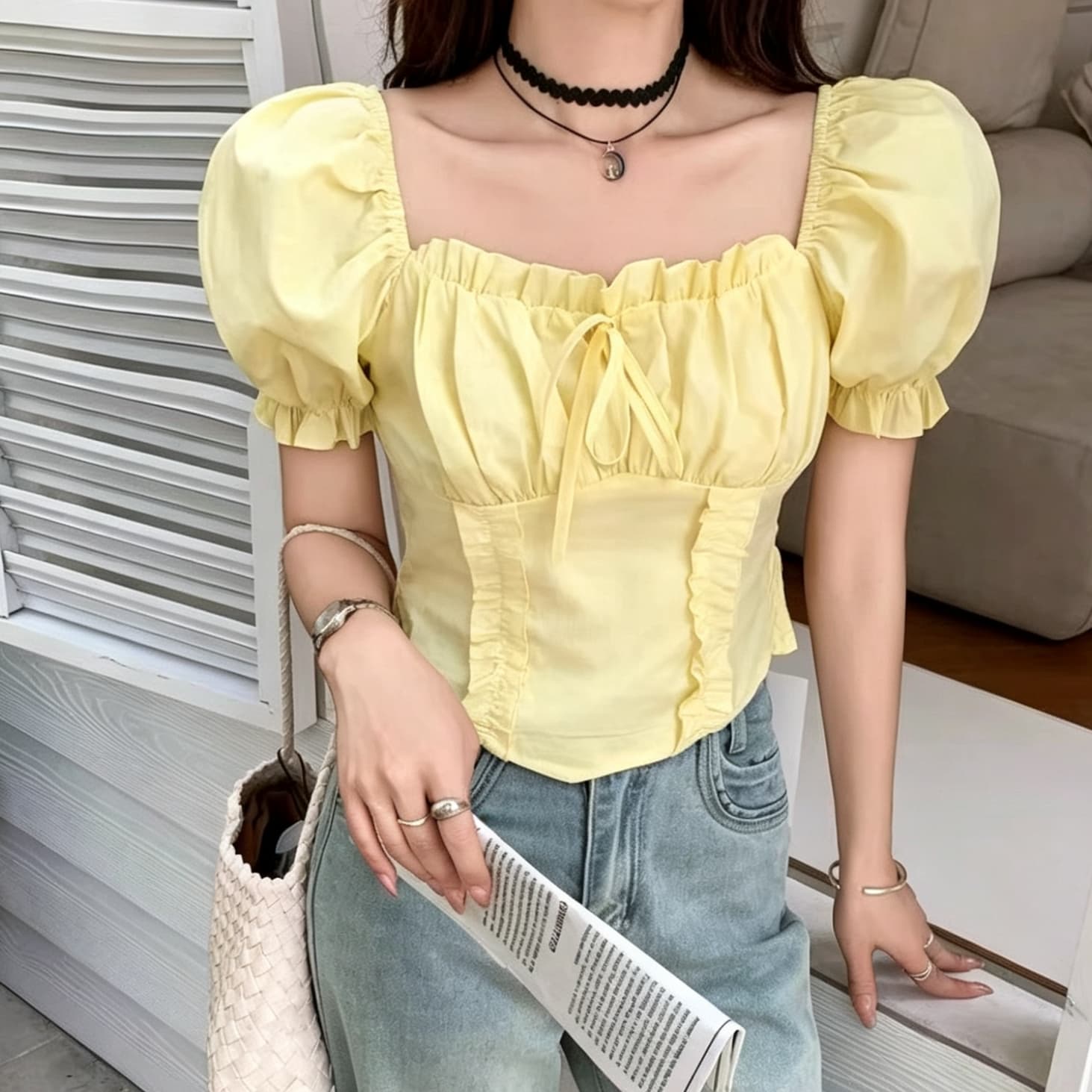 재고 있음 여름 새로운 한국 스타일 패션 다용도 슬림해 보이는 반팔 셔츠 광장 칼라 붓다 v 종이 사람들 사탕 색상 맨위 이미지 5