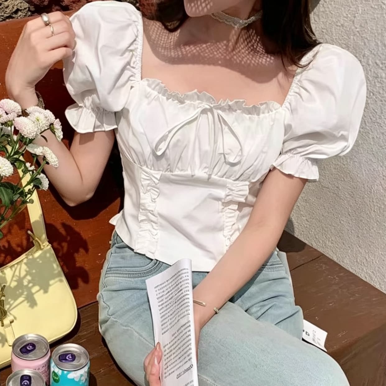 재고 있음 여름 새로운 한국 스타일 패션 다용도 슬림해 보이는 반팔 셔츠 광장 칼라 붓다 v 종이 사람들 사탕 색상 맨위 상세 이미지 6