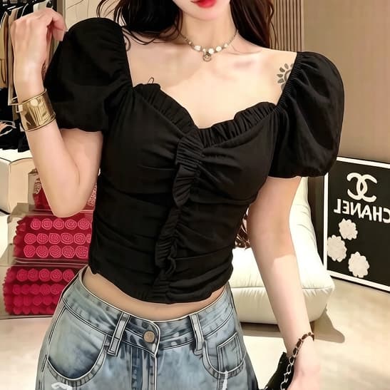 재고 있음 여름 한국 스타일 광장 칼라 주름 쇼트 스타일 거품 소매 여성 셔츠 디자인 센스 작은 대중 허리 수축 디스플레이 얇고 작은 맨위 이미지 4