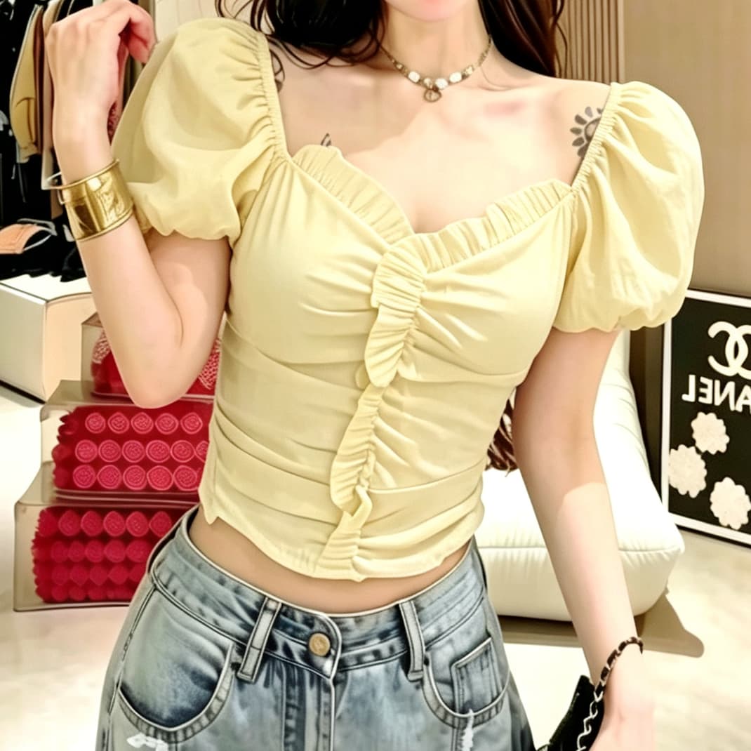 재고 있음 여름 한국 스타일 광장 칼라 주름 쇼트 스타일 거품 소매 여성 셔츠 디자인 센스 작은 대중 허리 수축 디스플레이 얇고 작은 맨위 이미지 5