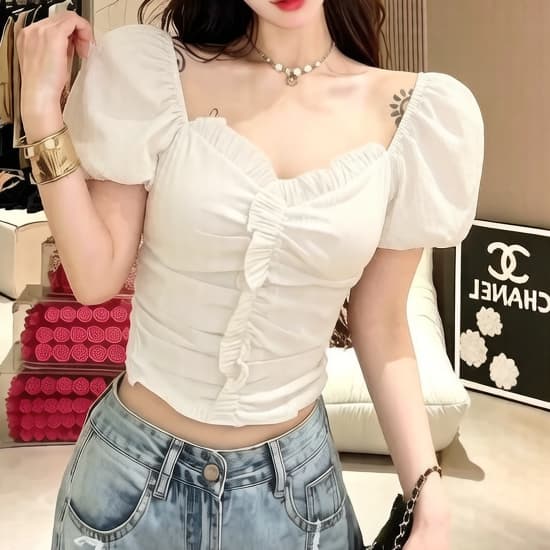 재고 있음 여름 한국 스타일 광장 칼라 주름 쇼트 스타일 거품 소매 여성 셔츠 디자인 센스 작은 대중 허리 수축 디스플레이 얇고 작은 맨위 상세 이미지 3