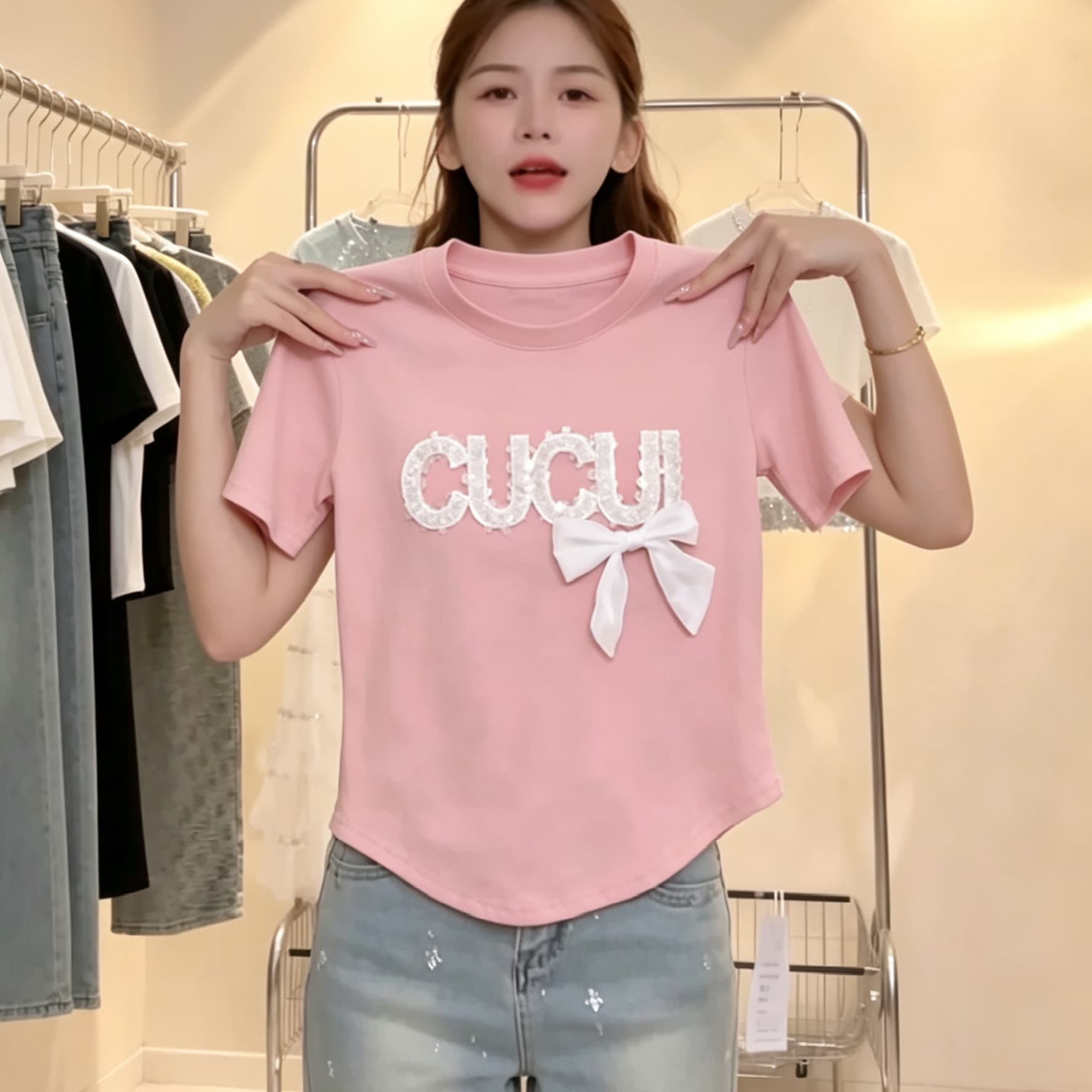 재고 있음 여름 새로운 순면 반팔 티셔츠 패션 다용도 라운드 넥 기본 셔츠 무거운 작업 유럽 상품 맨위 나비 매듭 이미지 2