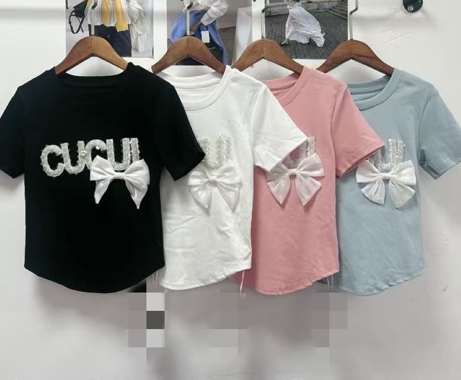 재고 있음 여름 새로운 순면 반팔 티셔츠 패션 다용도 라운드 넥 기본 셔츠 무거운 작업 유럽 상품 맨위 나비 매듭 상세 이미지 2